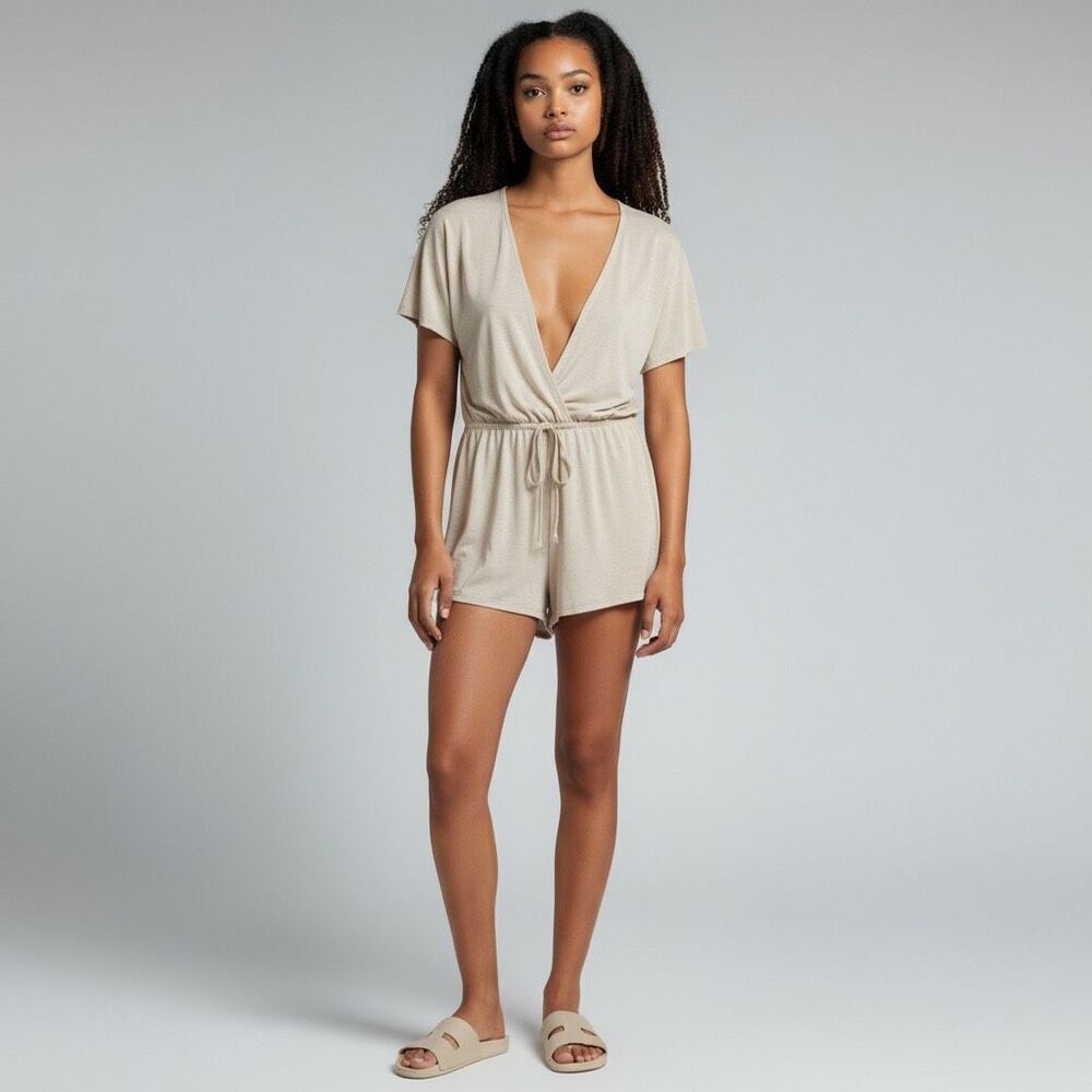 NWT Victoria Secret Cream Beige Sleep Romper size M Short Sleeve V Neck